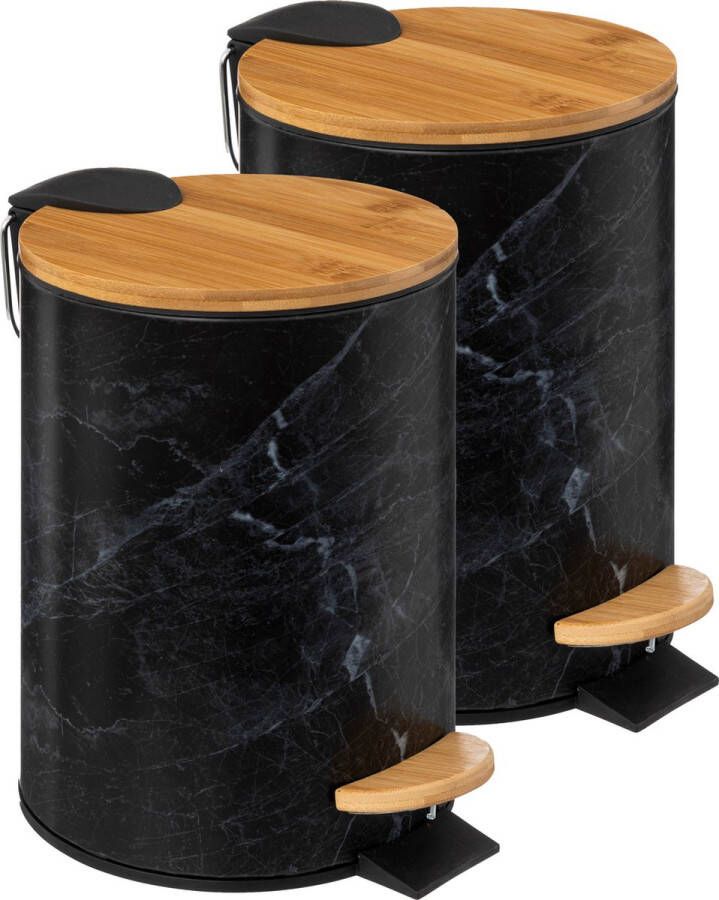5five Prullenbak pedaalemmer Marmer look 2x zwart 3 liter metaal bamboe 17 x 25 cm soft close