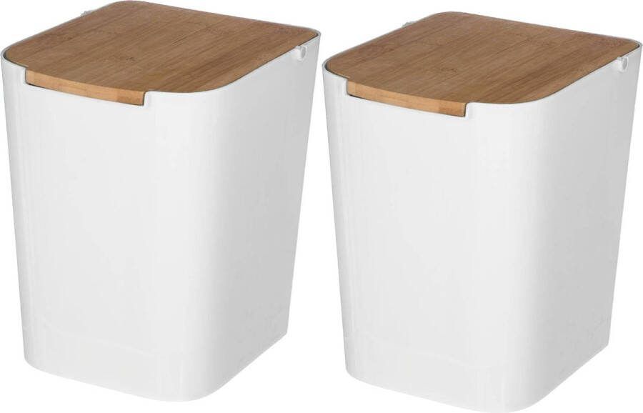 5five prullenbak vuilnisbak 2x stuks 5 liter bamboe wit lichtbruin 24 x 19 cm badkamer