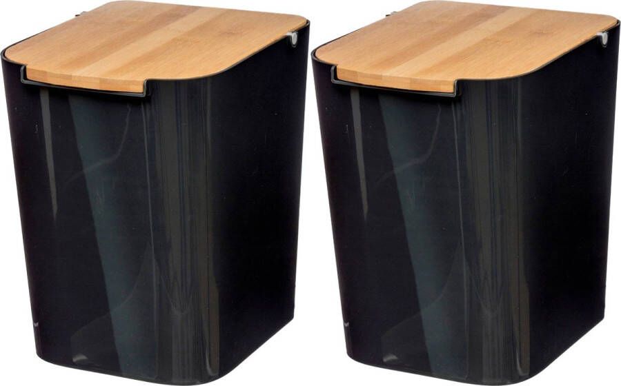 5five prullenbak vuilnisbak 2x stuks 5 liter bamboe zwart lichtbruin 24 x 19 cm badkamer