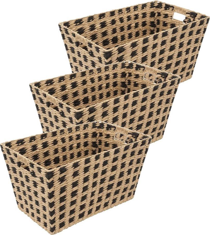 5five Rieten opbergmand 3x gevlochten beige zwart 55 x 35 x 30 cm Kast- badkamer mandjes