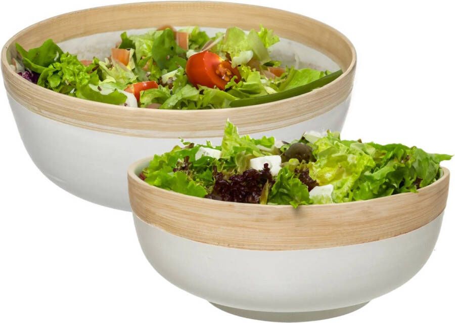 5Five serveerschalen saladeschalen 2 stuks wit bamboe rond Saladeschalen