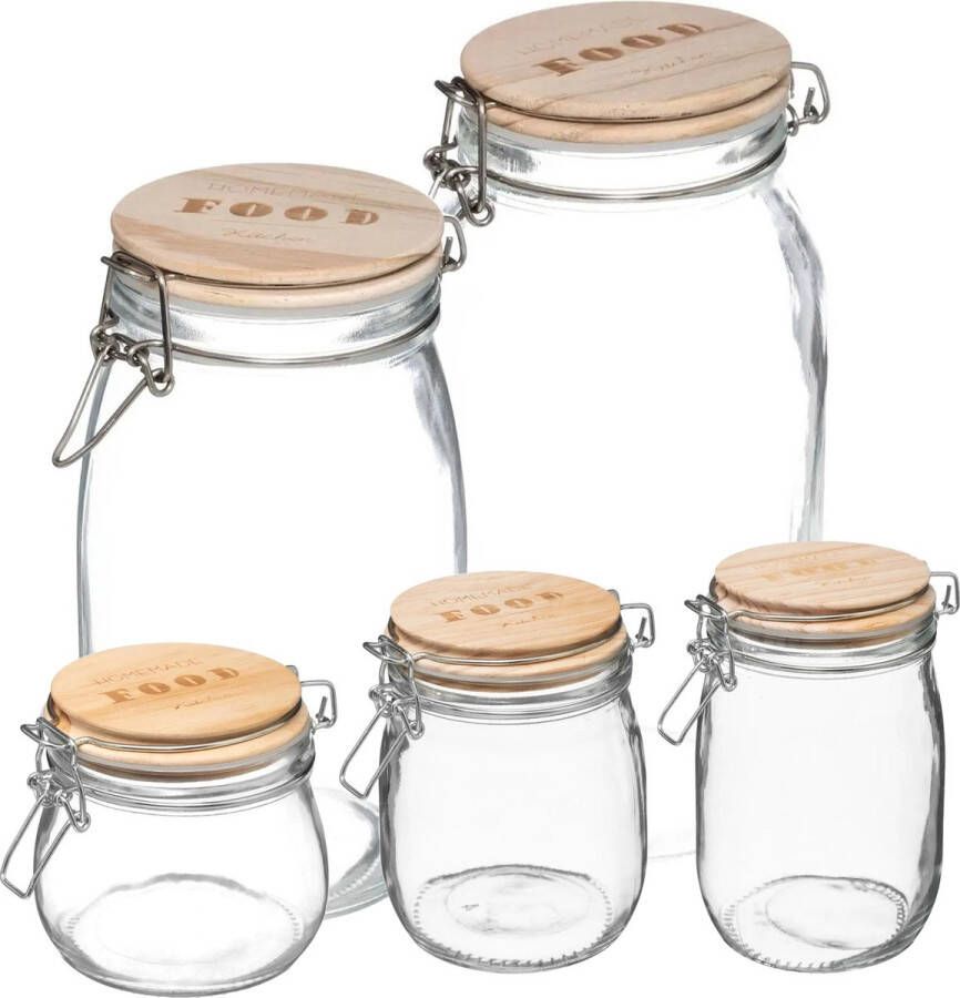 5Five Set van 5x keuken voorraadbussen potten glas 0.50 0.75 1.0 1.5 2.0 Liter inhoud Voorraadpot