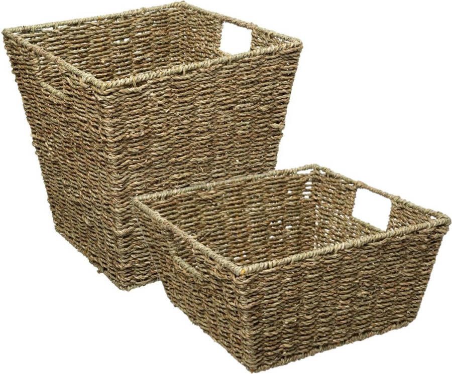 5five Set van 2x gevlochten opbergmanden zeegras Kast- badkamer mandjes verschillende formaten