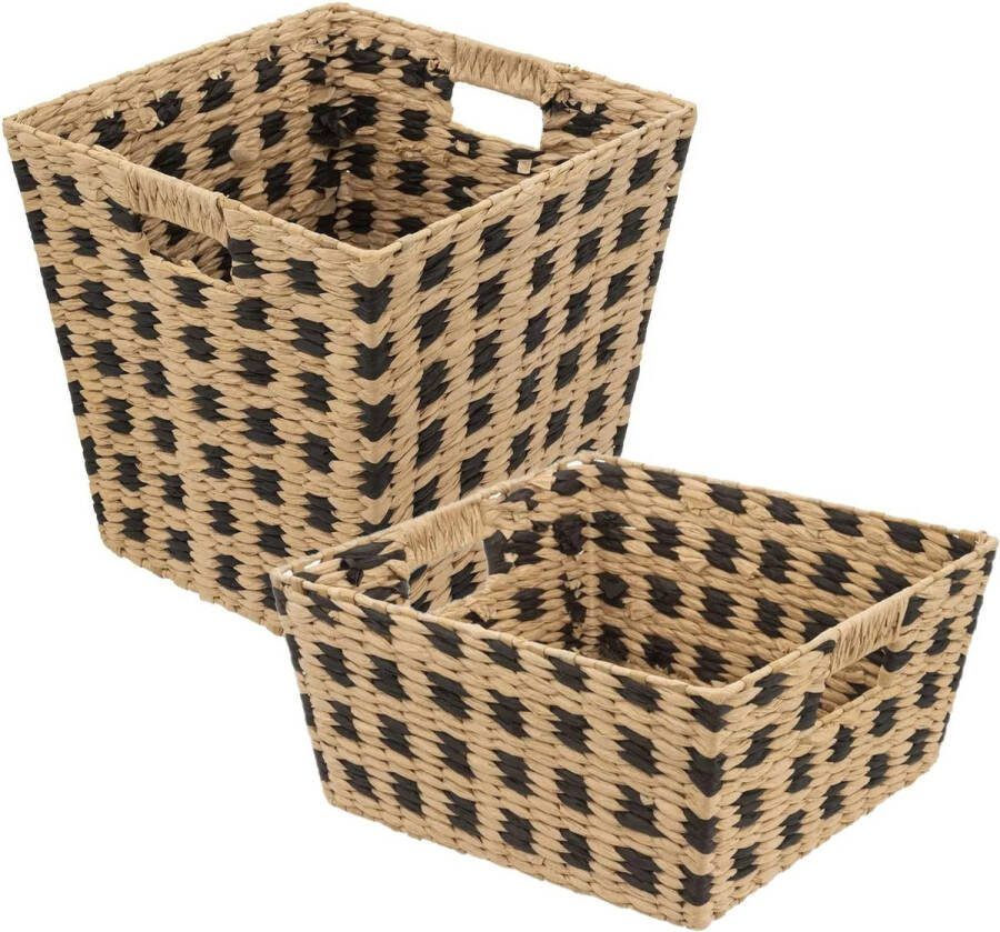 5five Set van 2x gevlochten rieten opbergmanden beige zwart Kast- badkamer mandjes verschillende formaten