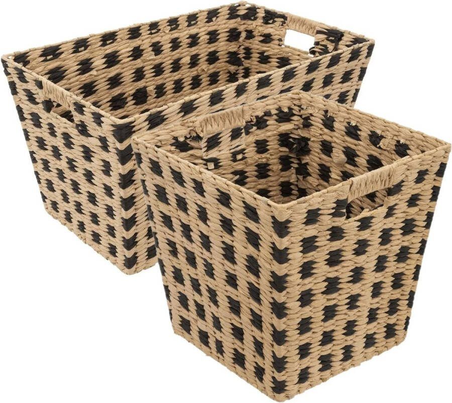 5five Set van 2x gevlochten rieten opbergmanden beige zwart Kast- badkamer mandjes verschillende formaten