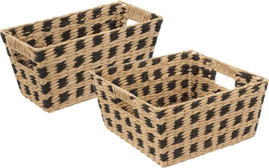 5five Set van 2x gevlochten rieten opbergmanden beige zwart Kast- badkamer mandjes verschillende formaten