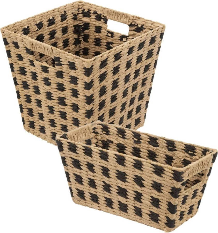 5five Set van 2x gevlochten rieten opbergmanden beige zwart Kast- badkamer mandjes verschillende formaten