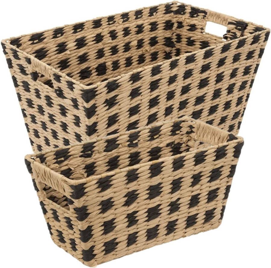 5five Set van 2x gevlochten rieten opbergmanden beige zwart Kast- badkamer mandjes verschillende formaten