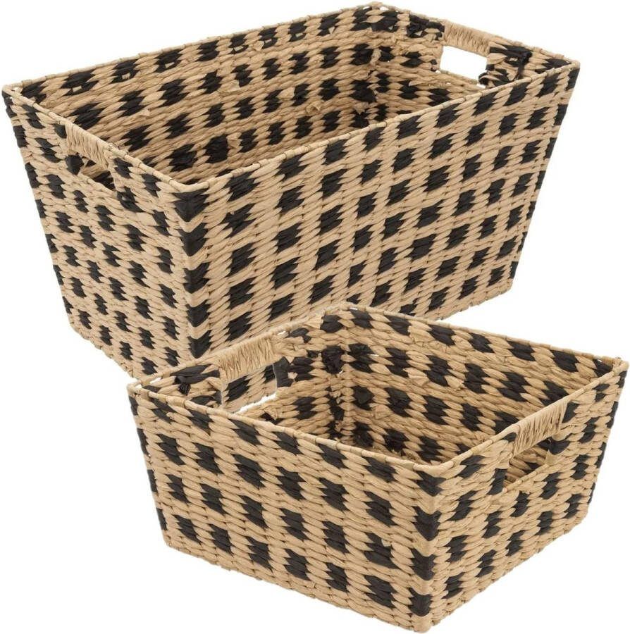 5five Set van 2x gevlochten rieten opbergmanden beige zwart Kast- badkamer mandjes verschillende formaten