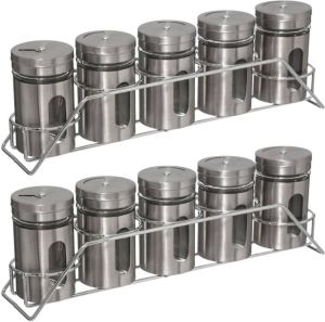 5five Set van 2x stuks kruidenrekje met 5 kruidenpotjes 28 cm van RVS Keukenkruiden potjes Kruiden bewaren