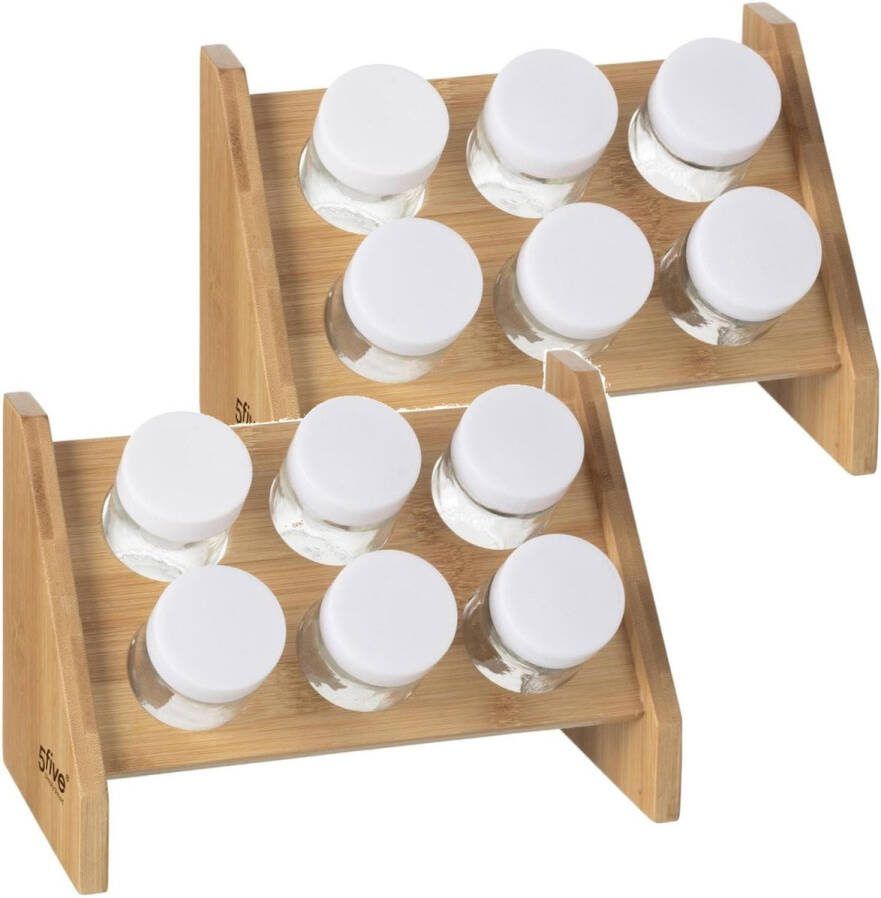 5five Set van 2x stuks kruidenrekje met 6 kruidenpotjes 21 5 cm van bamboe Keukenkruiden potjes Kruiden bewaren