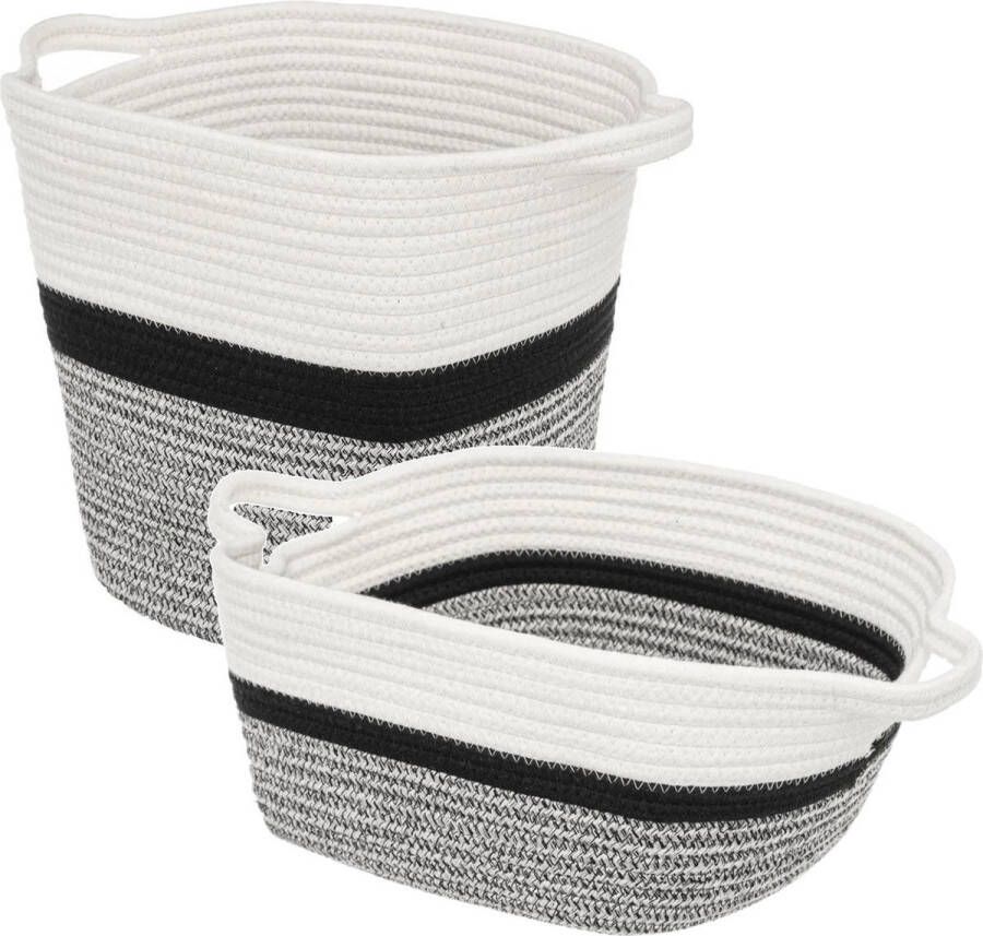 5five Set van 2x stuks opbergmanden met hengsels 14 en 29 liter grijs zwart wit van gevlochten touw