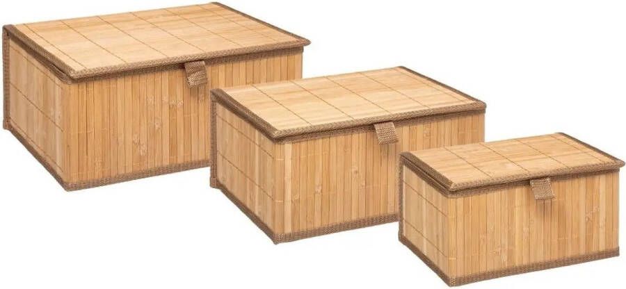 5five Set van 3x bamboe opbergdozen met deksel rechthoek bruin Kast- badkamer mandjes verschillende formaten
