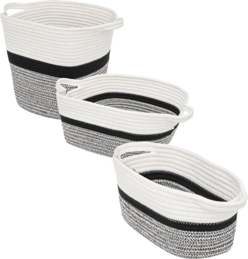 5five Set van 3x stuks opbergmanden met hengsels 7 en 14 en 29 liter grijs zwart wit van gevlochten touw