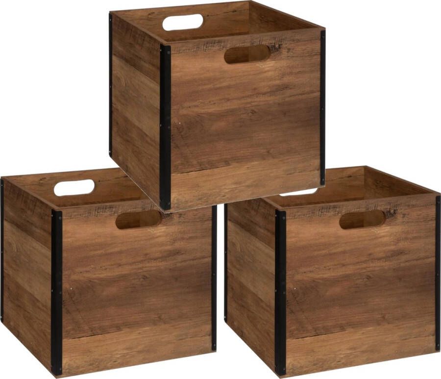 5five Set van 3x stuks opbergmand kastmand 29 liter donker bruin van hout 31 x 31 x 31 cm Opbergboxen Vakkenkast manden