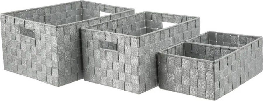 5five Set van 4x gevlochten opbergmanden polyester grijs Kast badkamer mandjes verschillende formaten