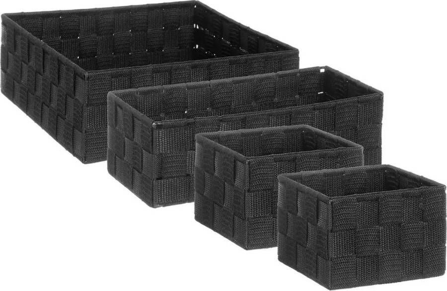 5five Set van 4x gevlochten opbergmanden vierkant zwart Kast badkamer mandjes verschillende formaten