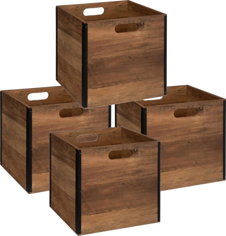 5five Set van 4x stuks opbergmand kastmand 29 liter donker bruin van hout 31 x 31 x 31 cm Opbergboxen Vakkenkast manden