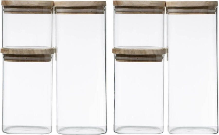 5five Set van 6 voorraadbussen voorraadpotten glas met houten luchtdichte deksel 500 ml 1000 ml 1800 ml