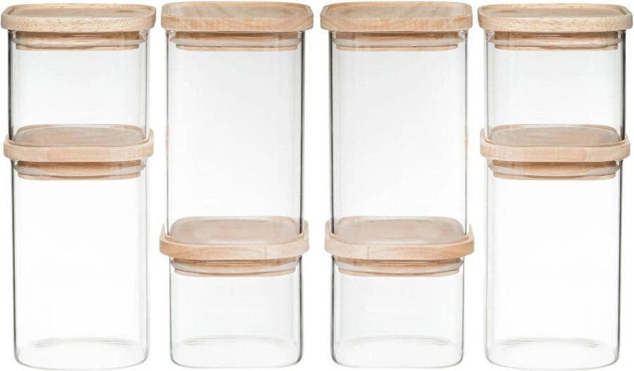 5five Set van 8 voorraadbussen voorraadpotten glas met houten deksel 500 ml 1000 ml Voorraadpotten met luchtdichte deksel