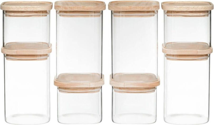 5five Set van 8 voorraadbussen voorraadpotten glas met houten deksel 500 ml 1000 ml Voorraadpotten met luchtdichte deksel