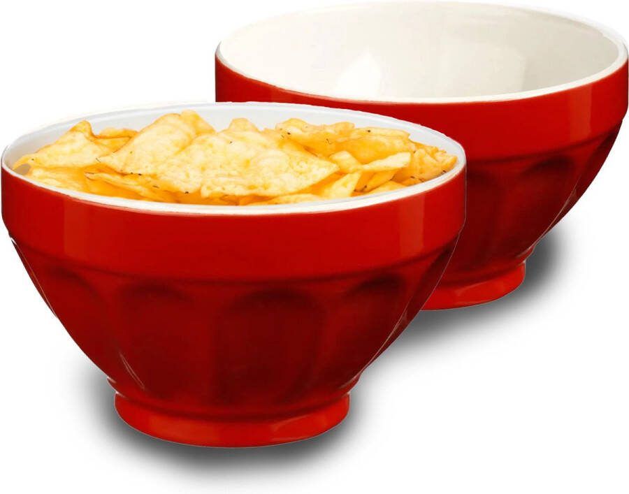 5five Soepkommen schaaltjes 8x Colorama keramiek D14 x H9 cm rood Stapelbaar Ribbels decoratie