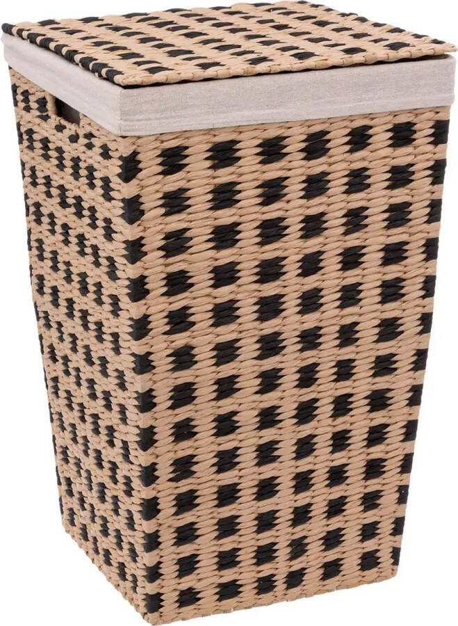 5Five Wasmand gevlochten Riet beige zwart 40 liter 33 x 33 x 53 cm met deksel Wasmanden