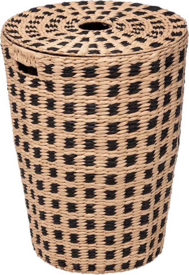 5Five Wasmand gevlochten Riet beige zwart 64 liter 33 x 33 x 53 cm met deksel Wasmanden