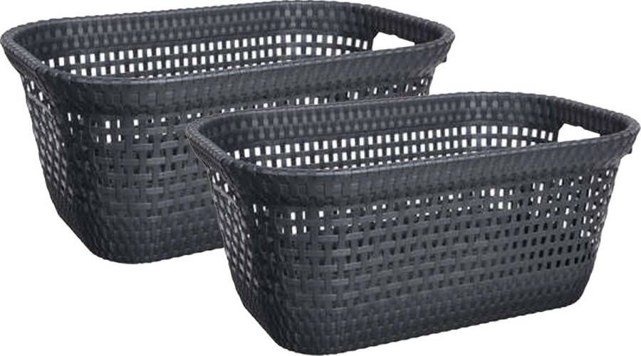 5Five Wasmand van rotan gevlochten 2x zwart kunststof 45 liter 59 x 38 x 26 cm Wasmanden