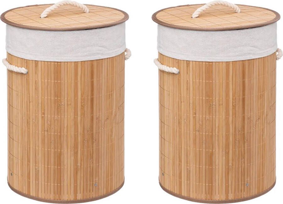 5Five Wasmanden van bamboe 2x 48 liter 35 x 50 cm met deksel Wasmanden