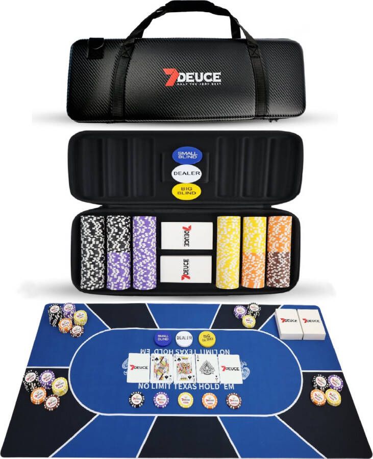 7DEUCE Carbon Series Poker Set met 300 Keramische PokerFiches inclusief Pokermat Speelkaarten Buttons – Poker
