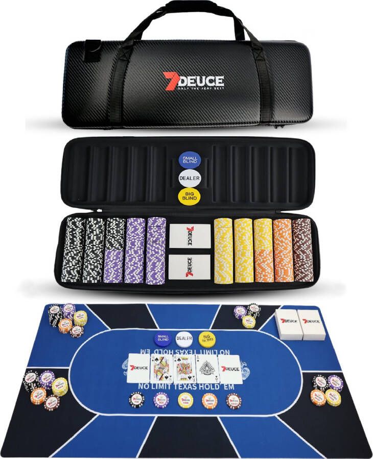 7DEUCE Carbon Series Poker Set met 500 Keramische PokerFiches inclusief Pokermat Speelkaarten Buttons – Poker