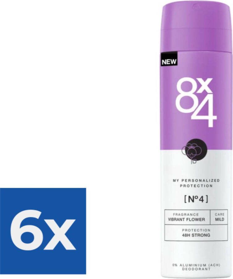 8x4 Deodorant Spray No 4 Vibrant Flower 150 ml Voordeelverpakking 6 stuks