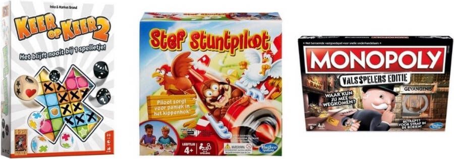 999 Games Spellenbundel 3 Stuks Keer op Keer 2 & Monopoly Valsspelerseditie & Stef Stuntpiloot