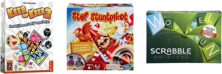 999 Games Spellenbundel 3 Stuks Keer op Keer 2 & Scrabble Original & Stef Stuntpiloot