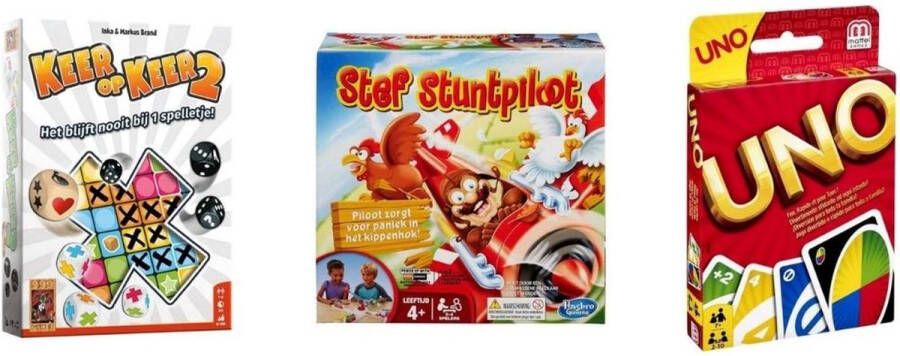 999 Games Spellenbundel 3 Stuks Keer op Keer 2 & Uno & Stef Stuntpiloot