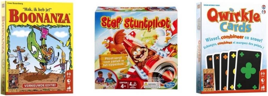 999 Games Spellenbundel Kaartspellen 3 Stuks Boonanza & Qwirkle Kaartspel & Stef Stuntpiloot