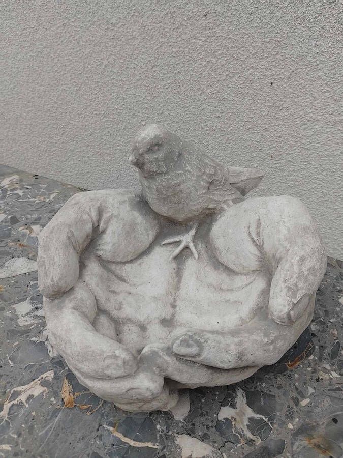 A&S Estates Betonnen tuinbeeld vogelvoederschaal in de vorm van een hand met vogel