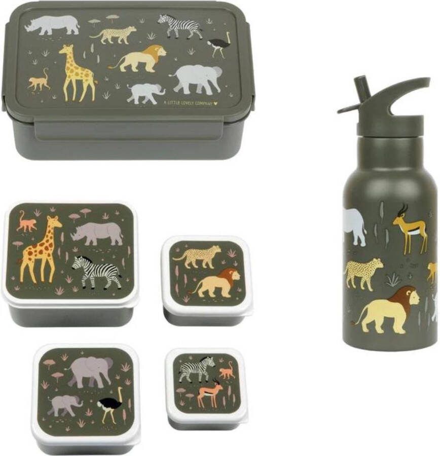 A Little Lovely Company Back to school set Drinkfles RVS 4 Snackdozen Bentobox Savanne