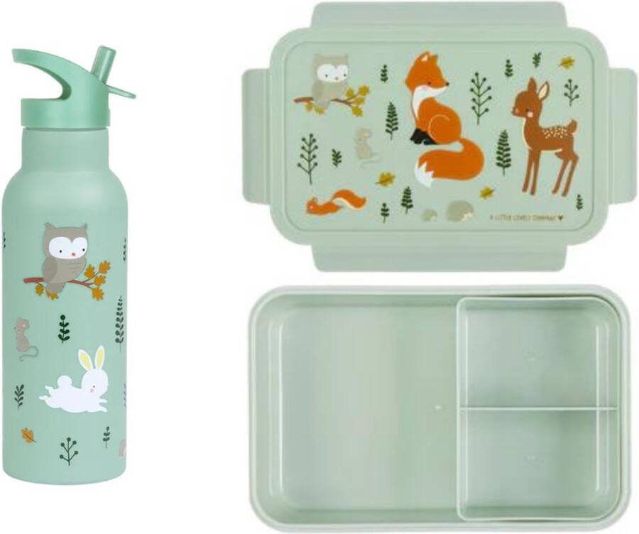A Little Lovely Company Back to school set Drinkfles XL RVS Bentobox Bosvriendjes