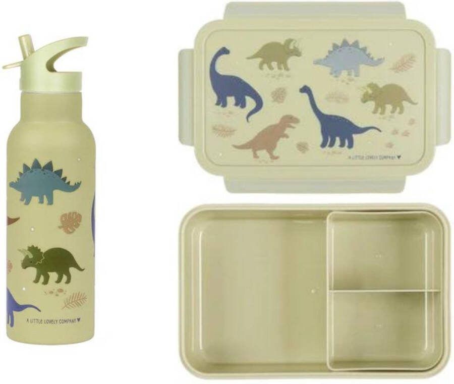 A Little Lovely Company Back to school set Drinkfles XL RVS Bentobox Dinosaurussen