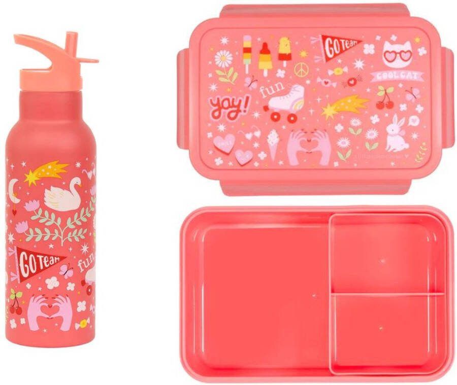 A Little Lovely Company Back to school set Drinkfles XL RVS Bentobox Fun