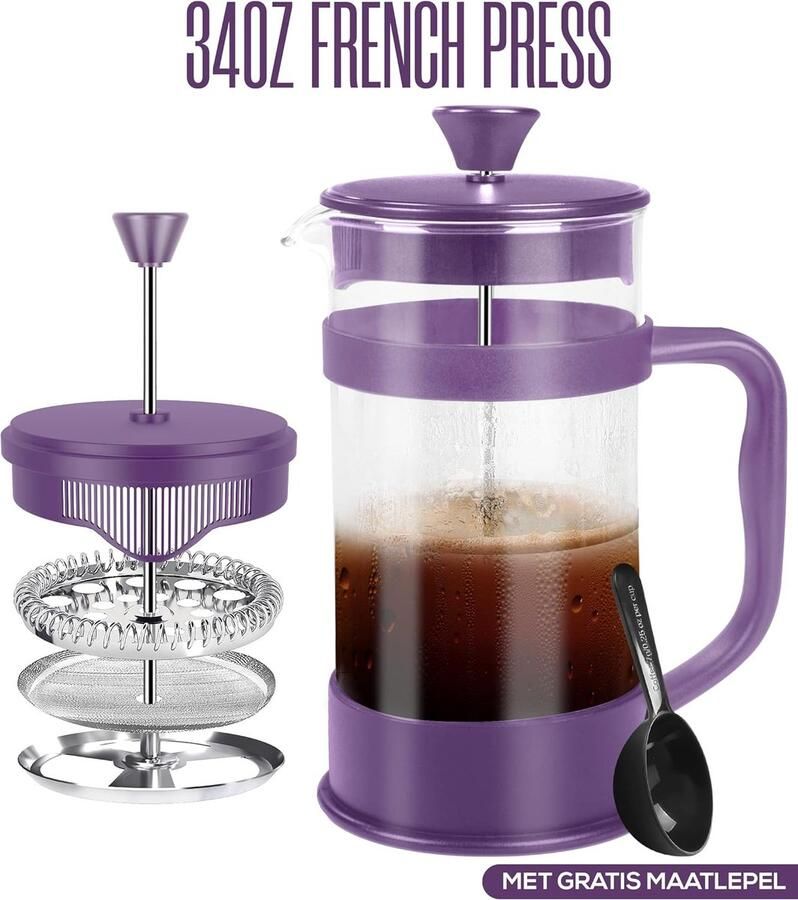Aa koffiezetappar t- dr gbare cafetière met drievoudige filters- hittebestendig glas met roestvrijstalen 1000 Milliliter