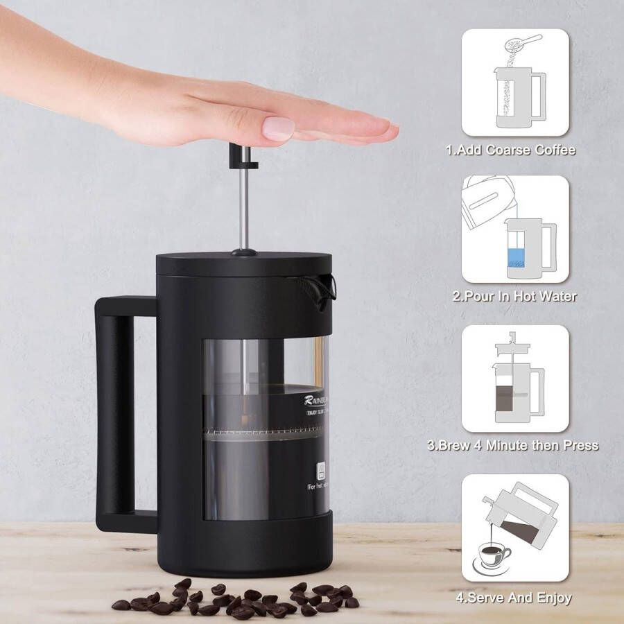 Aa koffiezetappar t- dr gbare cafetière met drievoudige filters- hittebestendig glas met roestvrijstalen 600 Milliliter