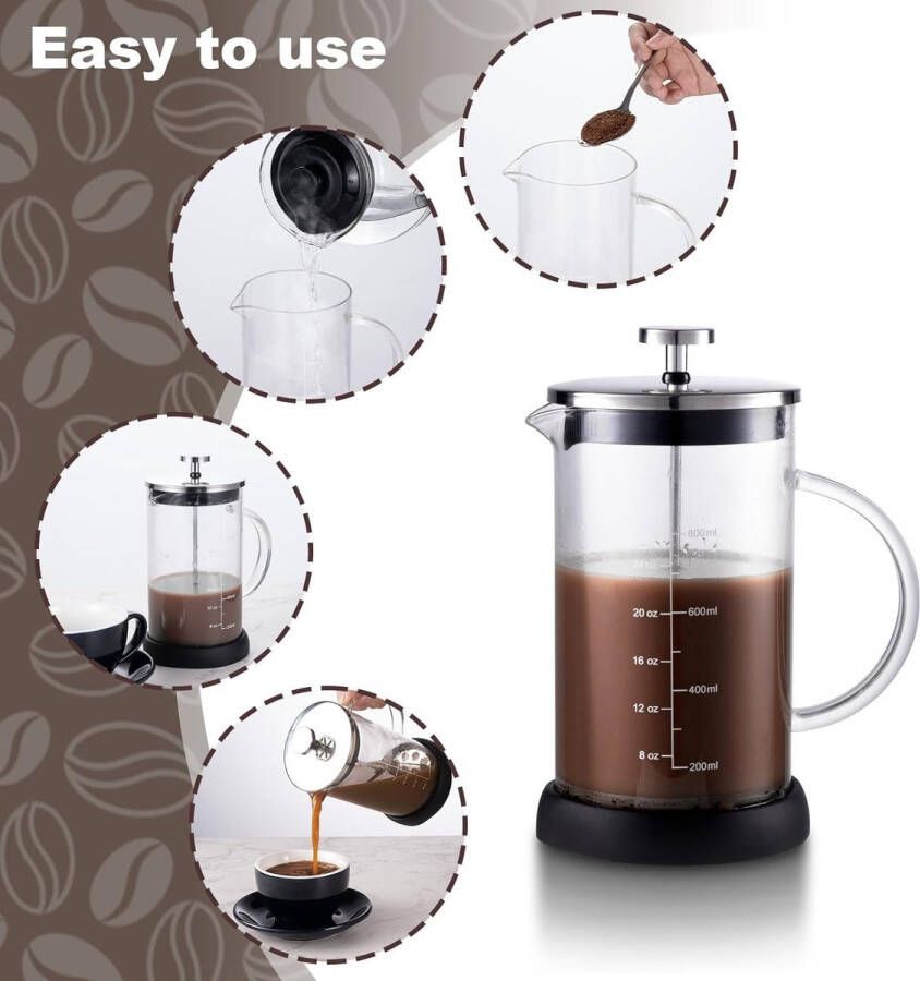 Aa koffiezetappar t- dr gbare cafetière met drievoudige filters- hittebestendig glas met roestvrijstalen 800 Milliliter