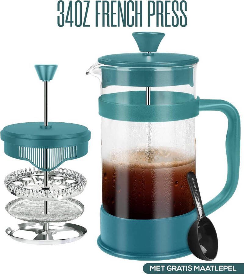 Aa koffiezetappar t- dr gbare cafetière met drievoudige filters- hittebestendig glas met roestvrijstalen 1000 Milliliter
