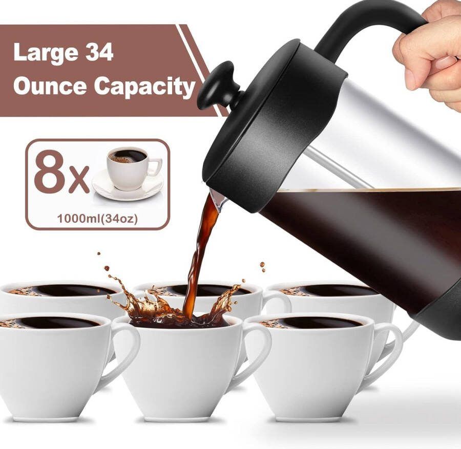 Aa koffiezetappar t- dr gbare cafetière met drievoudige filters- hittebestendig glas met roestvrijstalen 1000 Milliliter