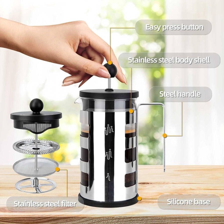 Aa koffiezetappar t- dr gbare cafetière met drievoudige filters- hittebestendig glas met roestvrijstalen 600 Milliliter