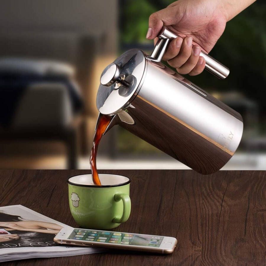Aa koffiezetappar t- dr gbare cafetière met drievoudige filters- hittebestendig glas met roestvrijstalen 1000 Milliliter
