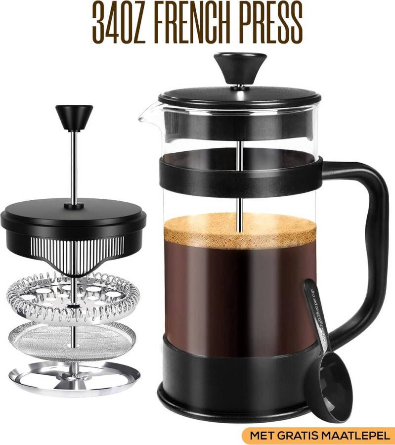 Aa koffiezetappar t- dr gbare cafetière met drievoudige filters- hittebestendig glas met roestvrijstalen 1000 Milliliter